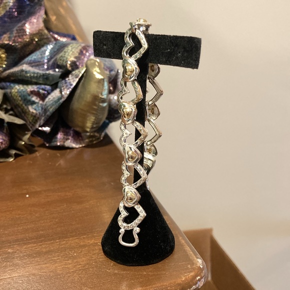 Silvertone Open Heart Link & Heart Goldtone Spacer Magnetic Clasp Bracelet - Picture 13 of 13